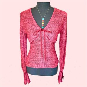 Pink V-Neck Sweater with Bow S 16-18p